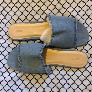 F21 Denim Fray Slide Sandals
